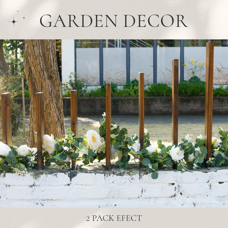Der Rose 2Pcs 13FT Artificial Eucalyptus Flower Spring Garland with Fake Rose Flower Vine Seeded Eucalyptus Leaves Greenery Garland for Wedding Table Backdrop Party Centerpiece Room Decor (Champagne) - Image 4